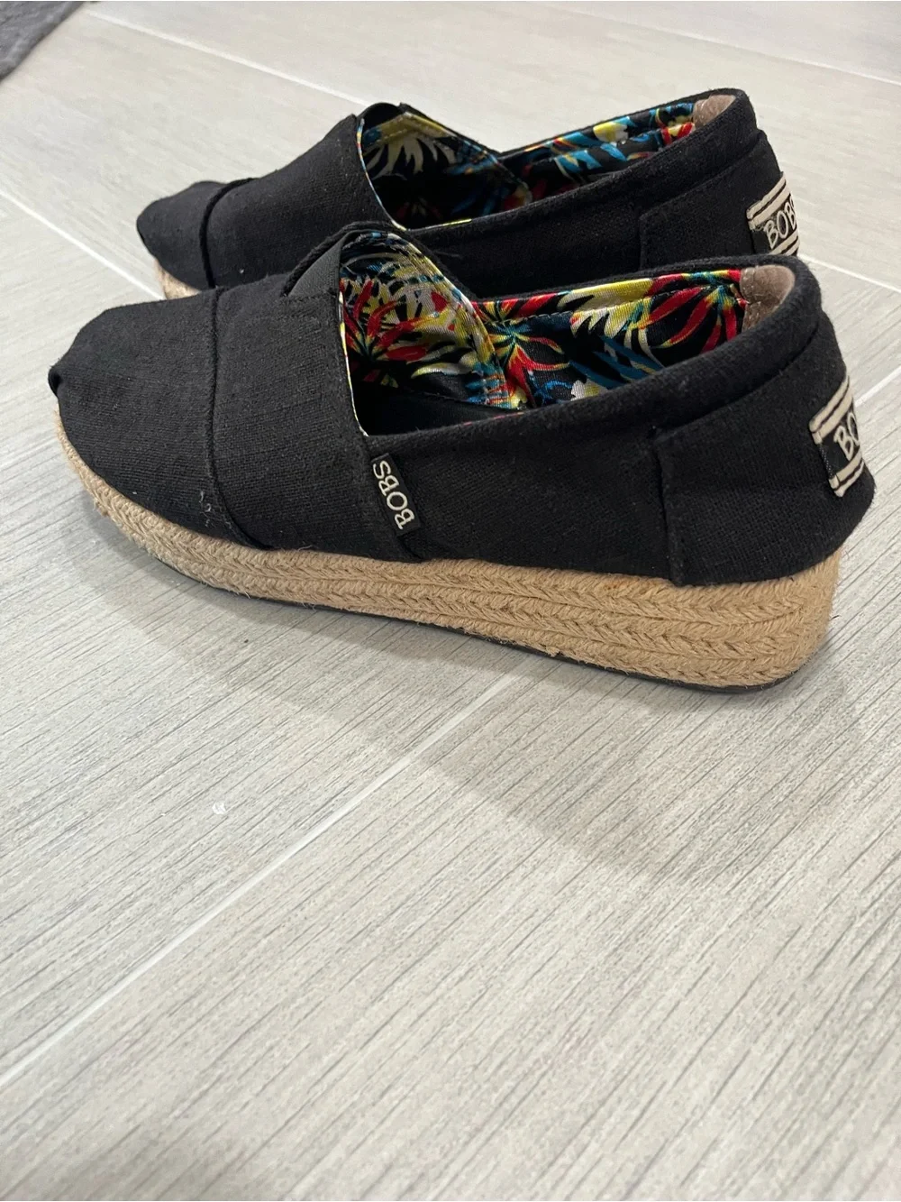 Skechers by BOBS Black Canvas Espadrille Wedge with Tropical Print Lining
